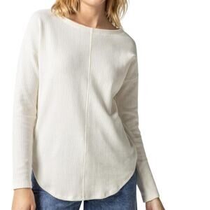 Lilla P Shirttail Hem Boatneck Waffle Top Drop Sleeve Pullover Cream Talc XL